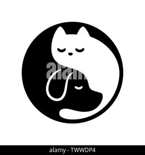 Katze und Hund Yin Yang Symbol. Süß und einfache Schwarz-Weiß-Cartoon Haustiere im Kreis. Minimale Vector Illustration. Stock Vektor