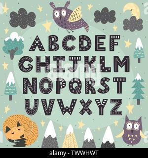 Fantasy Forest Alphabet für Kinder. Awesome ABC Poster. Vector Illustration Stock Vektor