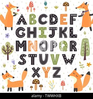 Wald Alphabet mit niedlichen Füchse. Hand Buchstaben von A bis Z. Vector Illustration gezeichnet Stock Vektor