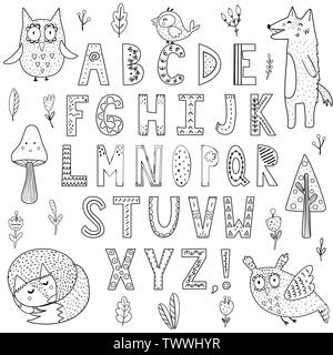 Schwarze und weiße Alphabet mit Waldtiere. Toll für Färbung, Poster und Kinder Design. Vector Illustration Stock Vektor