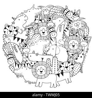 Kreis Form Färbung Seite mit lustigen Safari Tiere. Schwarz-weiß drucken. Vector Illustration Stock Vektor