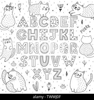 Schwarze und weiße Alphabet mit lustigen Katzen. Abc-Färbung. Vector Illustration Stock Vektor