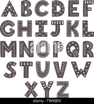 Schwarze und weiße Alphabet im skandinavischen Stil. Solide Buchstaben. Zierpflanzen ABC. Vector Illustration Stock Vektor