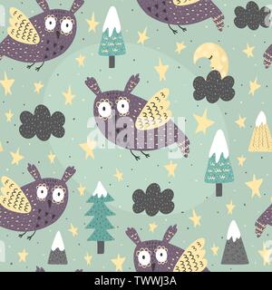 Fantasy Eule in der Nacht nahtlose Muster fliegen. Gute Nacht Hintergrund. Vector Illustration Stock Vektor
