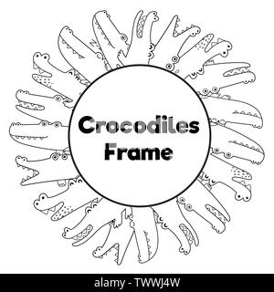 Färbung Seite Rahmen mit lustigen Krokodile. Schwarz/Weiß-Vorlage mit Platz für Ihren Text. Vector Illustration Stock Vektor