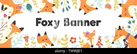 Horizontale Banner mit niedlichen Füchse und Pflanzen. Wald Hintergrund mit Platz für Ihren Text. Vector Illustration Stock Vektor