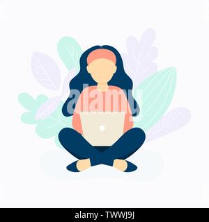 Mädchen sitzend mit Laptop mit gekreuzten Beinen. Toll für online Bildung, Unternehmen und Online shopping Themen. Vector Illustration Flat Style Stock Vektor