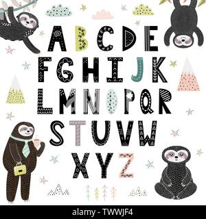 Lustige Alphabet mit niedlichen Faultiere. Abc für Kinder. Vector Illustration Stock Vektor