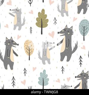 Süße Mutter Wolf mit ihrem Baby pup nahtlose Muster. Wald Vector Illustration Stock Vektor