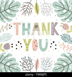 Danke süße Karte mit Hand gezeichnete Blätter und Pflanzen. Floral background mit Schriftzug. Vector Illustration Stock Vektor