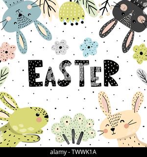 Ostern Poster oder Karte mit süßen Häschen. Vector Illustration Stock Vektor