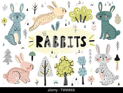 Süße Kaninchen, Bäume, Pflanzen und andere in der Hand gezeichneten Elemente im skandinavischen Stil. Vector Illustration Stock Vektor