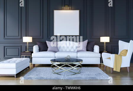 Klassiker der Moderne Luxus Wohnzimmer innen Hintergrund mit Mock up Poster frame, 3D-Rendering Stockfoto