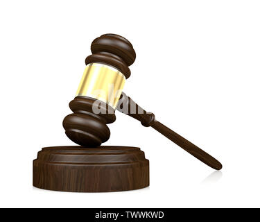 Der Holz- richter Hammer auf weißem Hintergrund, 3D-Rendering Stockfoto