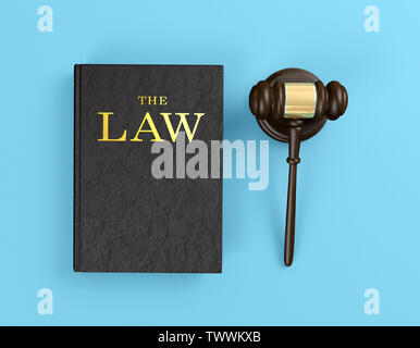 Der Holz- richter Hammer und recht Buch auf blauem Hintergrund, 3D-Rendering Stockfoto