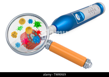 Elektrische Zahnbürste mit Viren und Bakterien unter der Lupe, 3D-Rendering Stockfoto