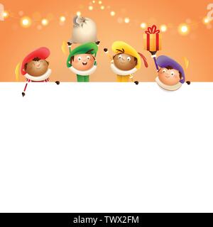Sankt Nikolaus Helfer an Bord - glückliche niedlichen Figuren feiern Niederländische Urlaub-Vector Illustration auf orangefarbenem Hintergrund mit Beleuchtung Stock Vektor