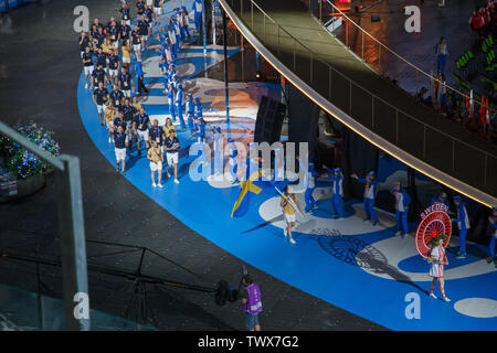 Minsk, Weißrussland-21 Juni 2019: die Nationalmannschaft der Schweden bei der Eröffnungszeremonie der zweiten Europäischen Spiele in Minsk. Das Dinamo-stadion Stockfoto