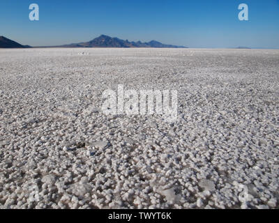 Closeup am Boden, in den weiten Bonneville Salt Flats suchen, mit Bergen in der Ferne, die der Horizont erscheint zur Kurve. Stockfoto