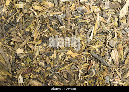 Eine Nahaufnahme und detaillierte Studio Produkt Schuß aus einem Bündel von getrocknet und lose Chinesischer grüner Tee Blätter. Stockfoto