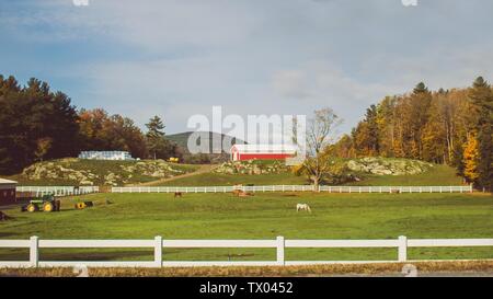 Eine schöne große Ranch mit Traktoren und Pferde grasen die Gras mit einer roten Scheune in der Ferne Stockfoto