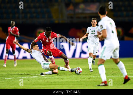 Kairo, Ägypten. 23. Juni 2019. Michael Olunga (3. R) von Kenia Mias mit Youcef Atal (4. R) von Algerien während der Fußball-Afrikameisterschaft 2019 Gruppe C Match zwischen Algerien und Kenia in Kairo, Ägypten, am 23. Juni 2019. Algerien gewann 2-0. Credit: Li Yan/Xinhua/Alamy leben Nachrichten Stockfoto