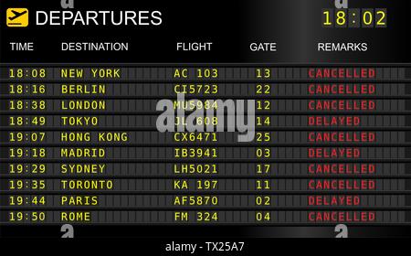 Flüge Abflüge board. Information Display System im internationalen Flughafen, storniert und verspätete Flüge Stockfoto