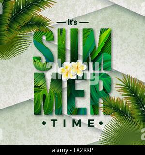 Vektor Sommer Abbildung mit Typografie Brief und tropischen Palmen Blätter auf Natur grün hinterlegt. Exotische Pflanzen und Blumen für den Urlaub Stock Vektor