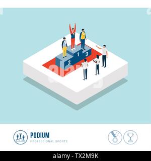 Professionelle Sport Wettbewerb Preisverleihung mit Athleten stehen auf dem Podium und Medaillen Stock Vektor