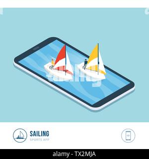 Professionelle Sport Wettbewerb: Segelboote im Meer, mobile App Stock Vektor
