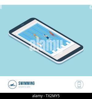 Professionelle Sport Wettbewerb: Schwimmen, professionelle Schwimmer der Wettbewerb in einem Pool, mobile App Stock Vektor