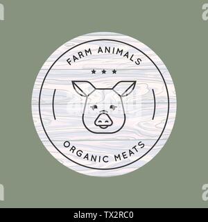 Ein Schwein ist in einem linearen Stil für eine Farm Logo auf dem Hintergrund der Vektor Holz Textur gezeichnet. Stock Vektor