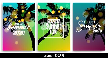 Verschwommen Gruß Hallo Sommer Banner. Vintage Retro Ferienhäuser Poster. Set Saison werben Verkauf vektor Hintergründe. Sunset, Sunrise Tropical trave Stock Vektor