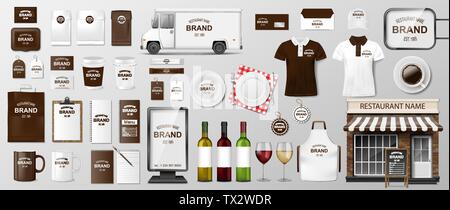 Corporate Branding Identität template Design für Restaurant, Kaffee, Cafe, Fast Food. Realistische einheitliche, Lieferwagen, essen Warenkorb, Straße Menü Stock Vektor
