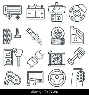 Vector Illustration Auto Teile Zeile für Symbole gesetzt. Auto Service Reparatur Symbol, Getriebe Motor, Schlüssel und Filter Stock Vektor