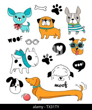 Lustige Hunde, Welpen Doodles, Skizzen und Abbildungen. Vector Icons Stock Vektor