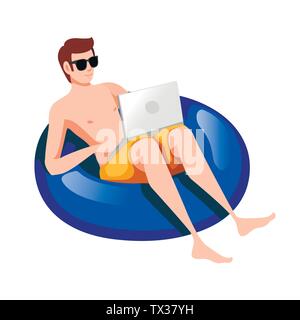 Junger Mann, der auf einem blauen aufblasbare Kreis mit Laptop flachbild Vector Illustration auf weißem Hintergrund Cartoon Character Design isoliert Stock Vektor