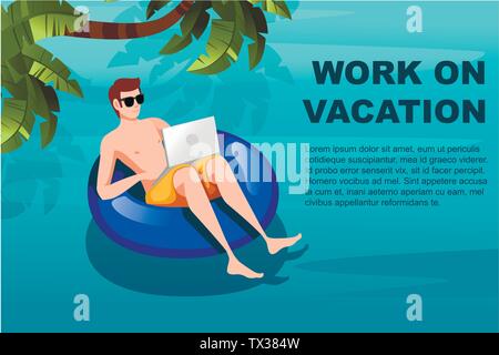 Junger Mann, der auf einem blauen aufblasbare Kreis mit Laptop flachbild Vector Illustration arbeiten an Ferienhäuser horizontale Banner Stock Vektor