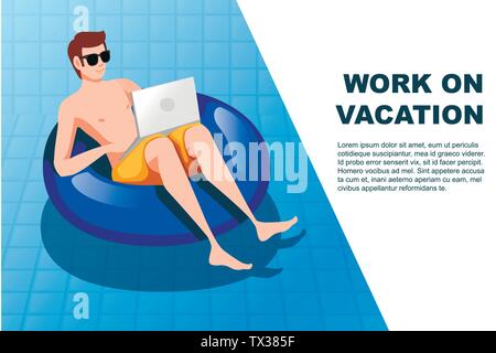 Junger Mann, der auf einem blauen aufblasbare Kreis mit Laptop Schwimmbad flachbild Vector Illustration arbeiten an Ferienhäuser horizontale Banner Stock Vektor