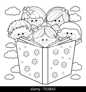 Eine Gruppe von Kindern liest ein Buch. Glückliche Schulkinder, Jungen und Mädchen, die eine Geschichte lesen. Abbildung der Schwarzweißfärbung Stockfoto