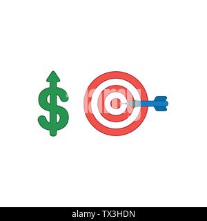Vektor icon Konzept der Grünen dollar Symbol mit dem Pfeil nach oben bewegen und Bulls Eye mit Dart in der Mitte. Farbige Konturen. Stock Vektor