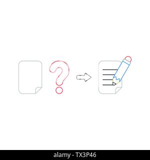 Vektor icon Konzept der Leere Papier mit roten Fragezeichen und Schreiben auf Papier mit Bleistift. Weißer Hintergrund und farbige. Stock Vektor