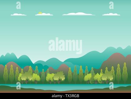 Hügel und Berge Landschaft in flachem Design. Tal Hintergrund. Schöne grüne Felder, Wiese, und blauer Himmel. Ländliche Lage auf dem Hügel, Fores Stock Vektor