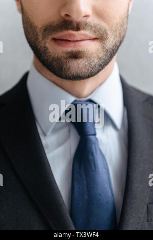 Bild 7/8 Der unrasierte Geschäftsmann 30 s in Anzug und Krawatte an Kamera closeup Posing über grauer Hintergrund Stockfoto