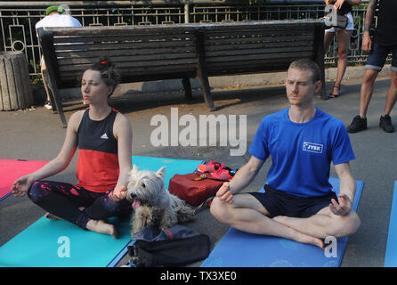 Kiew, Ukraine. 22. Juni, 2019. Ein paar während einer Yogastunde anlässlich des Internationalen Tag des Yoga in Kiew gesehen. Credit: Alexey Ivanov/SOPA Images/ZUMA Draht/Alamy leben Nachrichten Stockfoto