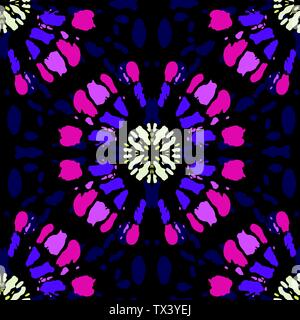 Boho bunte Tie-Dye Shibori gespiegelt Sunburst Mandala am dunkel gestreiften strukturierten Hintergrund Vektor nahtlose Muster. Perfekt für den Frühling/Sommer Textil Stock Vektor