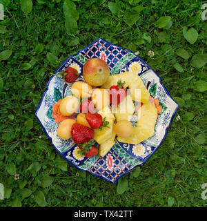 Overhead shot eines bunten Teller mit verschiedenen geschnittenes Obst auf dem Rasen platziert Stockfoto