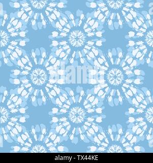 Boho Monochrome Jean Blau Tie-Dye Shibori gespiegelt Sunburst Mandala Hintergrund Vektor nahtlose Muster. Perfekt für den Frühling/Sommer Textilien, Schreibwaren Stock Vektor