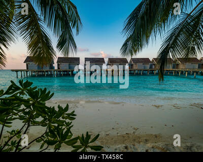 Malediven, Ross Atoll, Wasser Bungalows am Strand am Abend Stockfoto