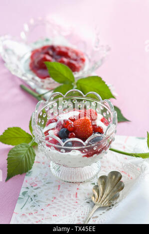 Rote Grütze und natürlichen Joghurt im Glas Schüssel Stockfoto